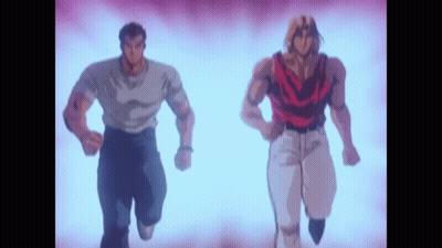 Two Cartoon Characters Running On Purple Background GIF