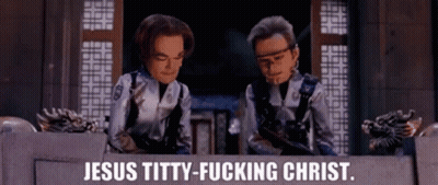 Two Cartoon Characters Saying Jesus Titty Fucking Christ GIF