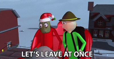 Two Cartoon Characters Saying Let's Leave At Once GIF