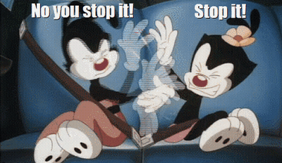 Two Cartoon Characters Saying No You Stop It GIF