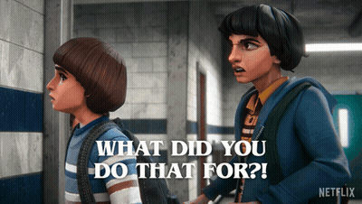 Two Cartoon Characters Saying What Did You Do That For GIF