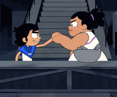 Two Cartoon Characters Shaking Hands One Holding Bowl GIF