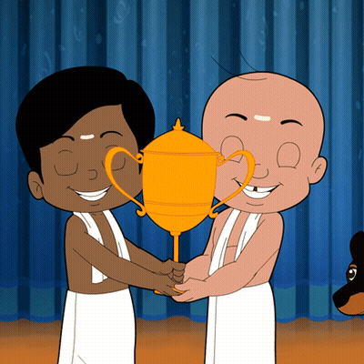 Two Cartoon Characters Shaking Hands While Holding A Gold Trophy GIF