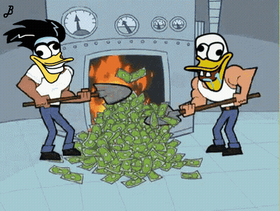 Two Cartoon Characters Shoveling Money Into A Fire With The Letter B On The Bottom Right GIF