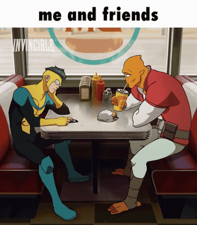 Two Cartoon Characters Sitting At A Diner Table With The Words Me And Friends Above Them GIF
