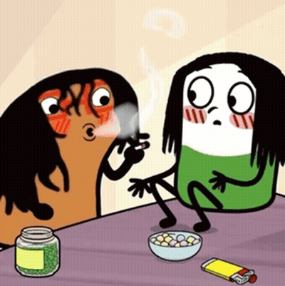 Two Cartoon Characters Sitting At A Table With A Bowl Of Candy And A Jar Of Green Beans GIF