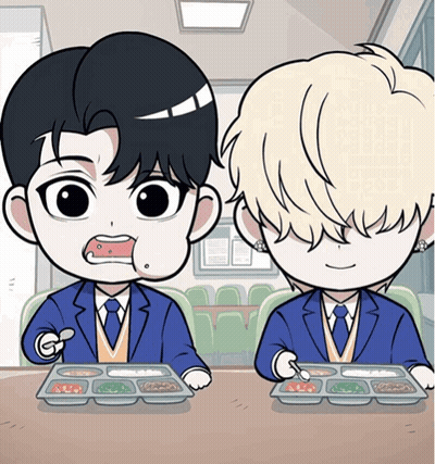 Two Cartoon Characters Sitting At Table GIF
