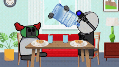 Two Cartoon Characters Sitting At Table With Food And Water GIF