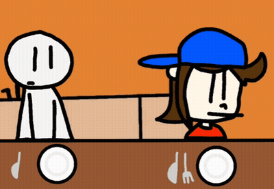 Two Cartoon Characters Sitting At Table With Plates GIF
