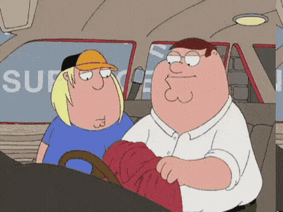Two Cartoon Characters Sitting In A Car With The Word Surf On The Back Window GIF