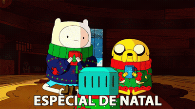 Two Cartoon Characters Sitting Next To Each Other With The Words Especial De Natal In White Letters GIF