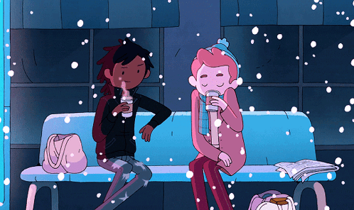 Two Cartoon Characters Sitting On A Bench Drinking From Cups GIF