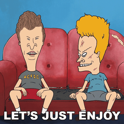 Two Cartoon Characters Sitting On A Red Couch With The Words Let 'S Just Enjoy GIF