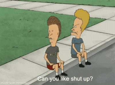 Two Cartoon Characters Sitting On A Sidewalk With The Words " Can You Like Shut Up " Below Them GIF