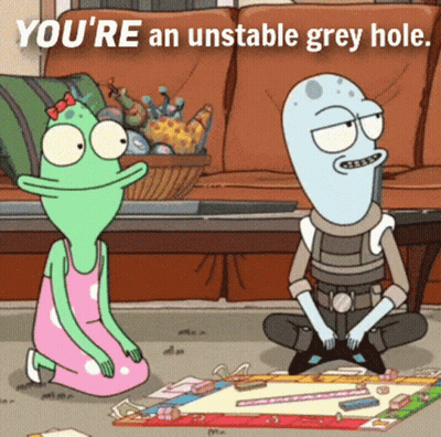 Two Cartoon Characters Sitting On Floor Saying You're An Unstable Grey Hole GIF
