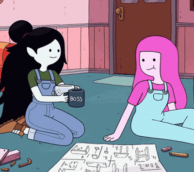 Two Cartoon Characters Sitting On The Floor One Holding A Mug That Says Boss GIF