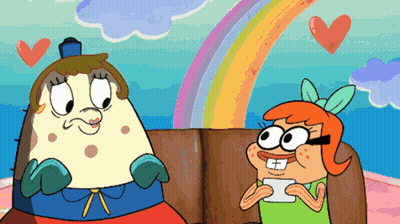 Two Cartoon Characters Sitting Together GIF