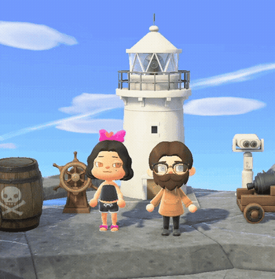 Two Cartoon Characters Stand In Front Of A Lighthouse GIF