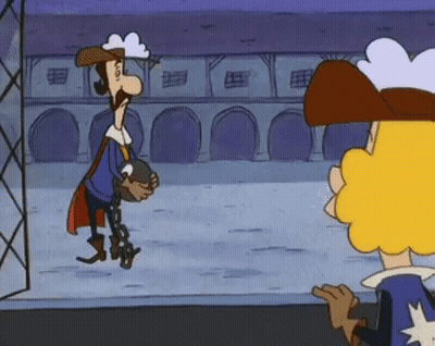 Two Cartoon Characters Standing Before Building, One Wearing Cowboy GIF
