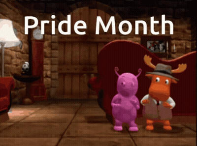 Two Cartoon Characters Standing In A Room With The Words Pride Month Written Above Them GIF