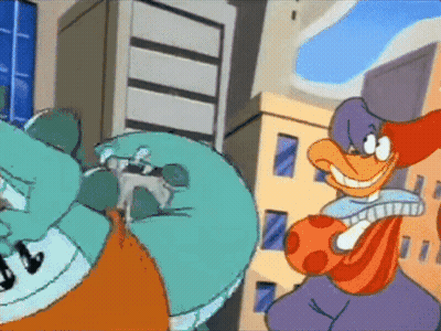 Two Cartoon Characters Standing In City GIF