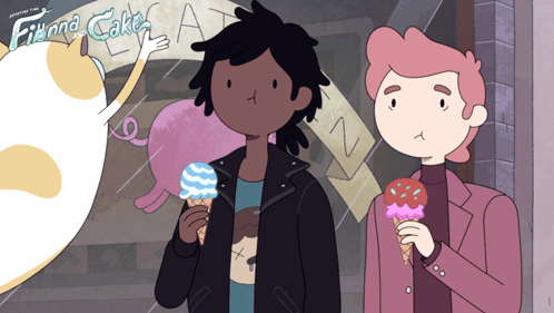 Two Cartoon Characters Standing In Front Of A Fianna Cake Shop GIF