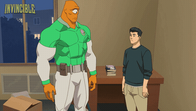 Two Cartoon Characters Standing In Front Of A Sign That Says Invincible On It GIF