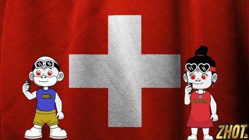Two Cartoon Characters Standing In Front Of A Swiss Flag GIF