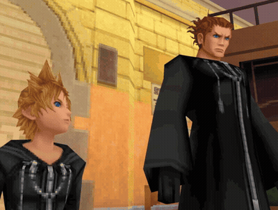Two Cartoon Characters Standing In Front Of Building With Sign Saying A GIF