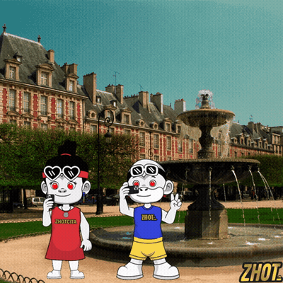 Two Cartoon Characters Standing In Front Of Fountain With Word Zhout GIF