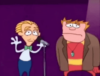 Two Cartoon Characters Standing In Front Of Microphone With Arms Outstretched GIF