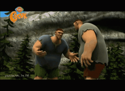 Two Cartoon Characters Standing In Front Of TRT Cocuk Sign GIF