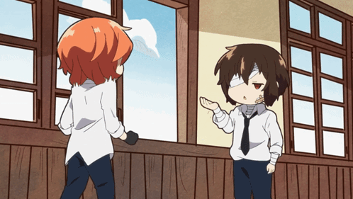 Two Cartoon Characters Standing In Front Of Window GIF