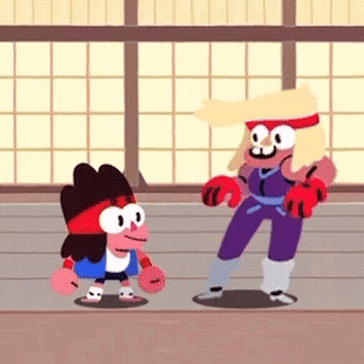 Two Cartoon Characters Standing In Gym GIF