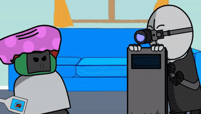 Two Cartoon Characters Standing In Living Room GIF