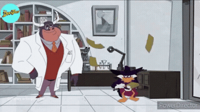 Two Cartoon Characters Standing In Room, Duck With Horns GIF