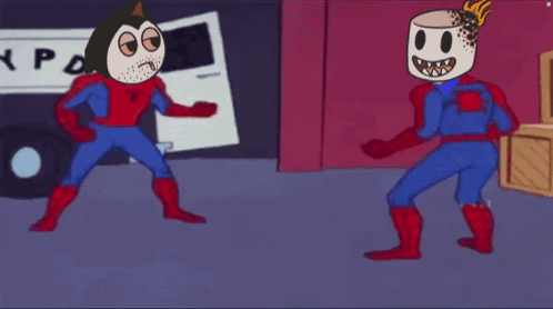 Two Cartoon Characters Standing Next To Each Other And One Has A Marshmallow On His Head GIF