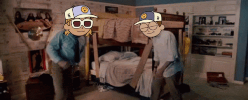 Two Cartoon Characters Standing Next To Each Other In A Bedroom GIF
