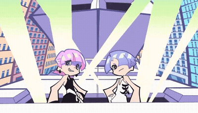 Two Cartoon Characters Standing Next To Each Other In Front Of Buildings GIF