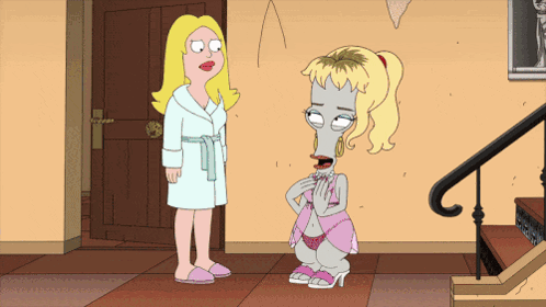 Two Cartoon Characters Standing Next To Each Other In Room GIF