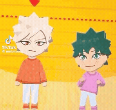 Two Cartoon Characters Standing Next To Each Other On A Yellow Background . GIF