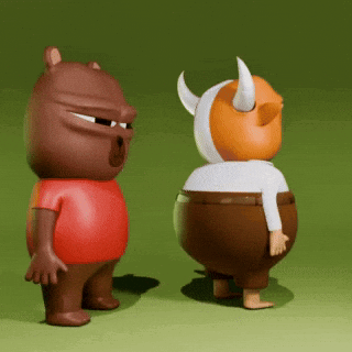 Two Cartoon Characters Standing Next To Each Other One Of Which Has Horns On His Head GIF