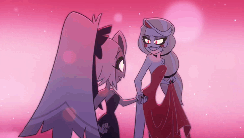 Two Cartoon Characters Standing Next To Each Other Pink Background GIF