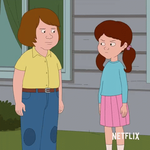 Two Cartoon Characters Standing Next To Each Other With A Netflix Logo Behind Them GIF