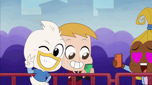 Two Cartoon Characters Standing Next To Each Other With Number 8 On Phone GIF