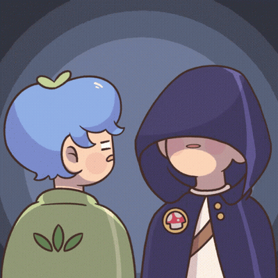 Two Cartoon Characters Standing Next To Each Other With One Wearing A Mushroom Badge GIF