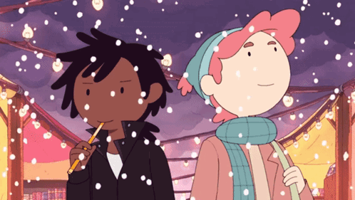 Two Cartoon Characters Standing Next To Each Other With Snow Falling Around Them GIF