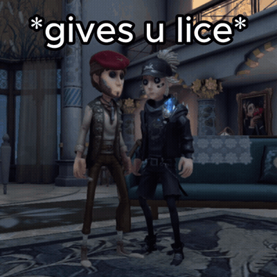 Two Cartoon Characters Standing Next To Each Other With The Caption " Gives U Lice " Above Them GIF