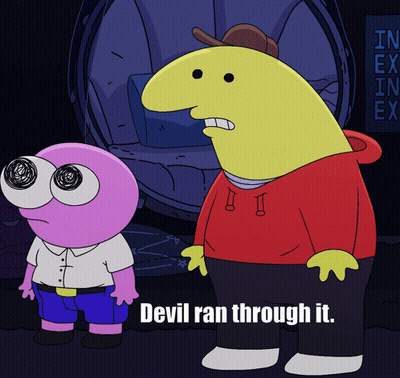Two Cartoon Characters Standing Next To Each Other With The Words Devil Ran Through It GIF