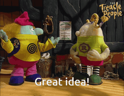 Two Cartoon Characters Standing Next To Each Other With The Words Great Idea Written Below Them GIF